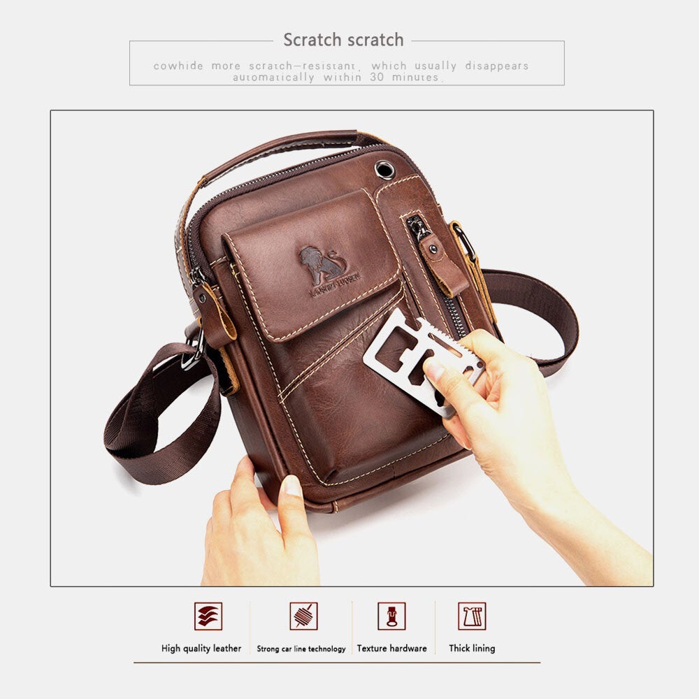 Men Genuine Leather Wear-resistant Headphone Hole Multi-pocket Vintage Crossbody Bag Shoulder