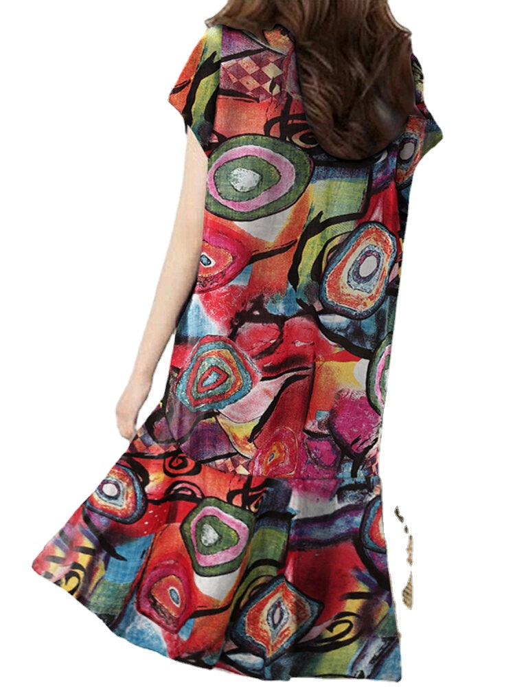 Abstract Painted Ruffled Short Sleeve High-Low Hem Midi Dress