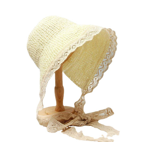 Women Lace Brim Foldable Sunscreen Bucket Straw Hat Outdoor Casual Travel Beach Sea Floppy Hat