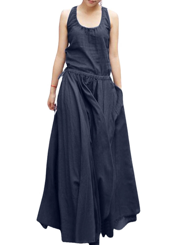 Solid Drawstring Ruched Sleeveless Casual Maxi Dress