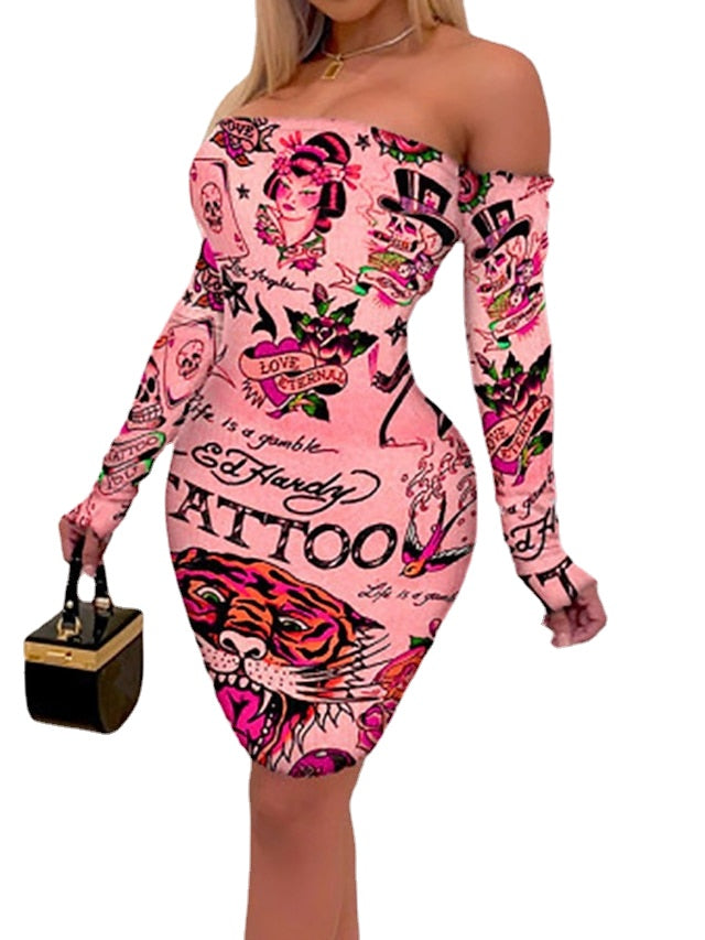 Women's Party Dress Bodycon Sheath Dress Mini Dress Pink Long Sleeve Print Print Summer Spring Fall Off Shoulder Fashion Wedding Guest Vacation Spring Dress