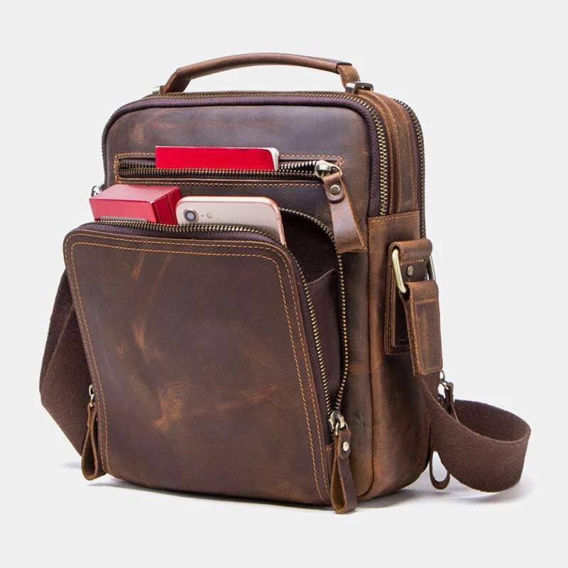 Men's Vintage Leather Multi-Pocket Briefcase Messenger Crossbody Bag