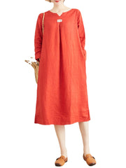 Women Pure Color Cotton Linen V-Neck Long Sleeve Dress with Pockets