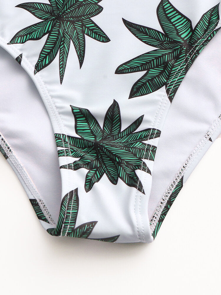 Women Tropical Plant Leaves Print Tassel Trim High Waist Bikini Bandage Hawaii Casual Swimwear