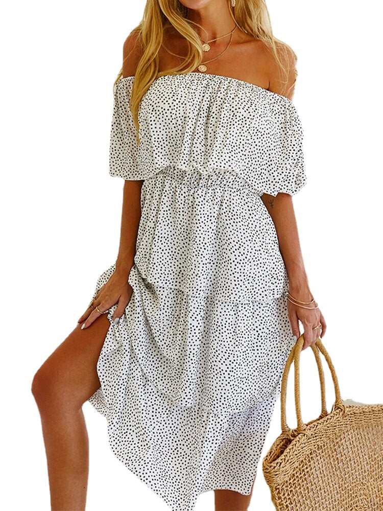 Polka Dot Print Off-shoulder Short Sleeve Layered Dress For Women