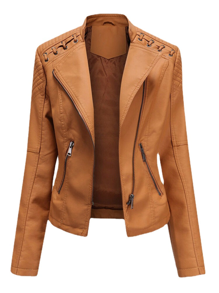 Women Faux PU Leather Solid Color Motorcycle Jacket