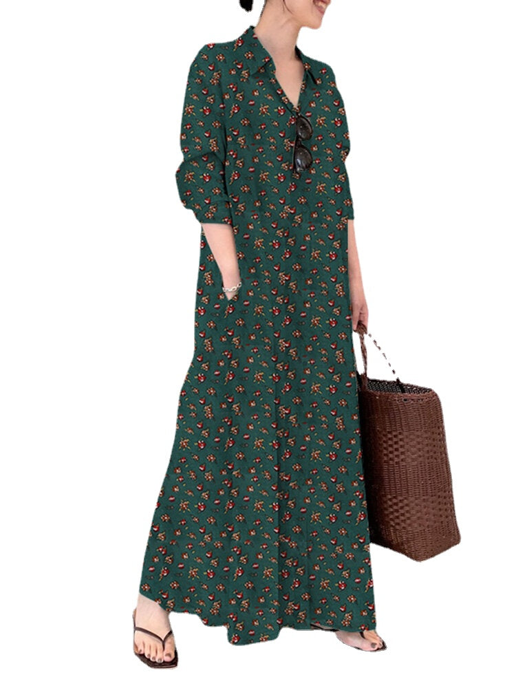 Women Ditsy Floral Print Long Sleeve Lapel Collar Vintage Shirt Maxi Dresses With Pocket