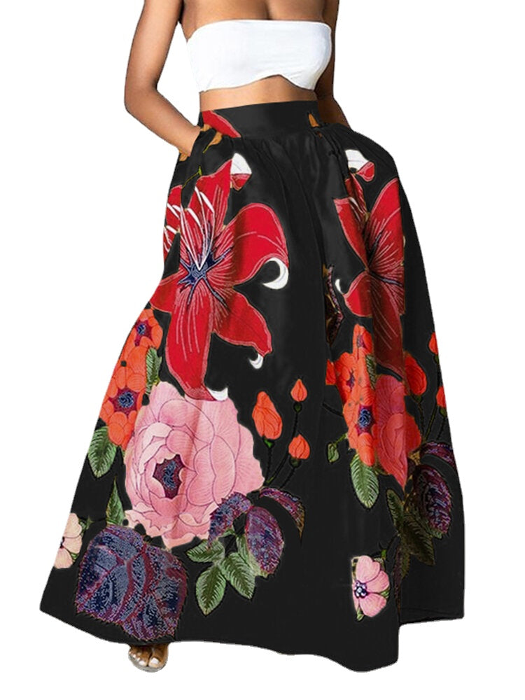 Women Floral Print Casual Elastic High Waisted Holiday Maxi Skirts With Pocket