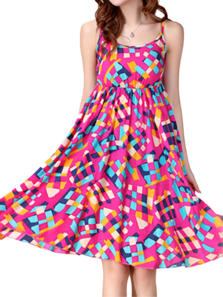 Bohemian Women Strap Flower Pattern Printing Beach A-line Dress