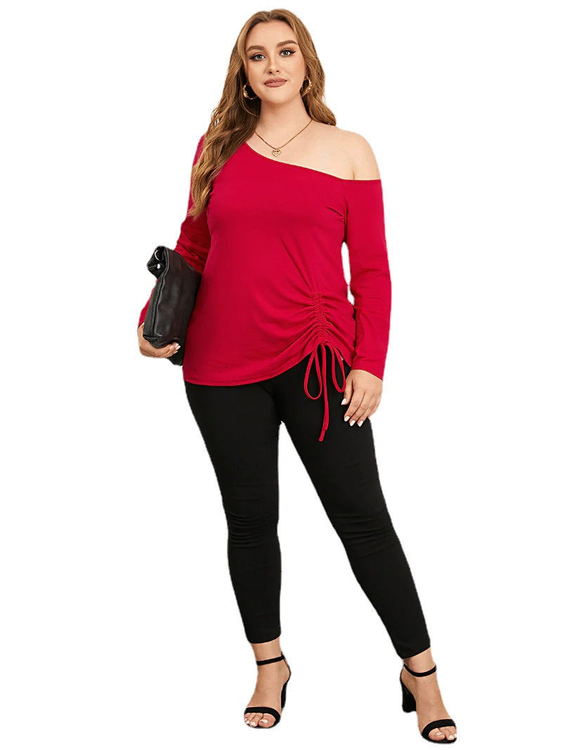 Plus Size One Shoulder Drawstring Tie-up Design Long Sleeves Tee