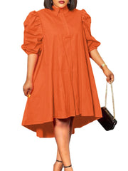 Lapel Solid Leisure Casual Puff Sleeve Dress For Women