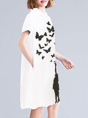 Figure Butterfly Pattern Pocket Short Sleeve Casual Midi Dress