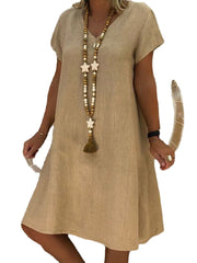 Women Casual Solid Color V-neck Short Sleeve Dress