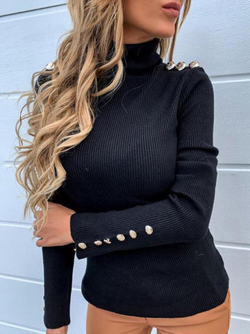 Women Turtleneck Solid Color Button Long Sleeve Basic Sweater