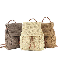 Women Mori Series String Straw Dual-use Woven Retro Beach Bag Backpack