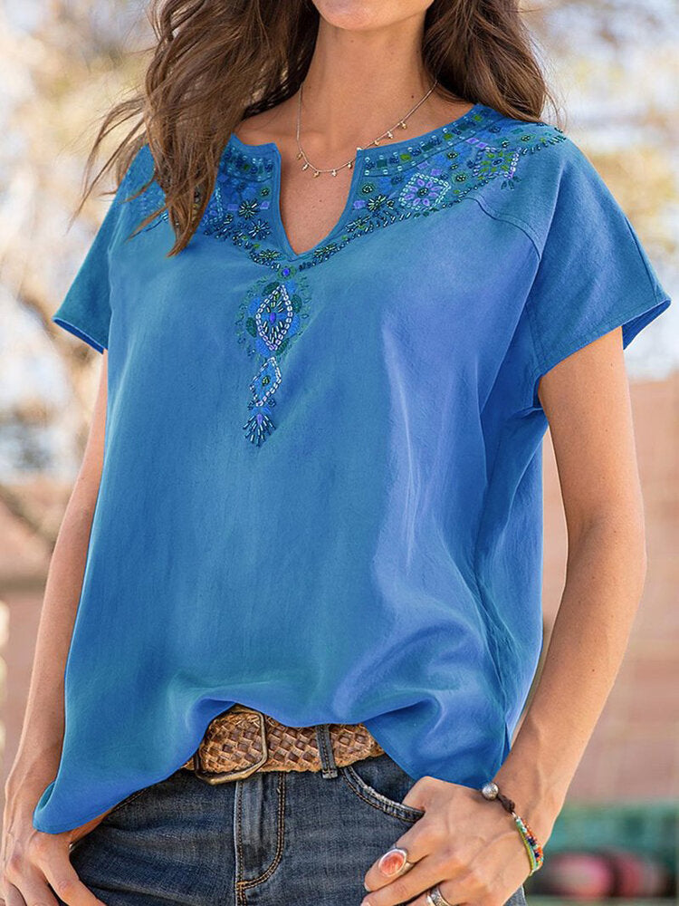 Bohemian Vintage Embroidery Print V-neck Casual Blouse