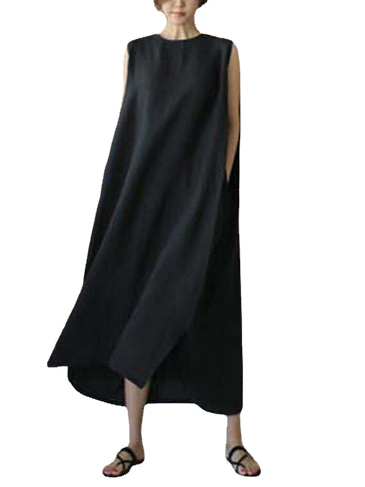 Women Solid Color Round Neck Sleeveless Loose Maxi Dresses