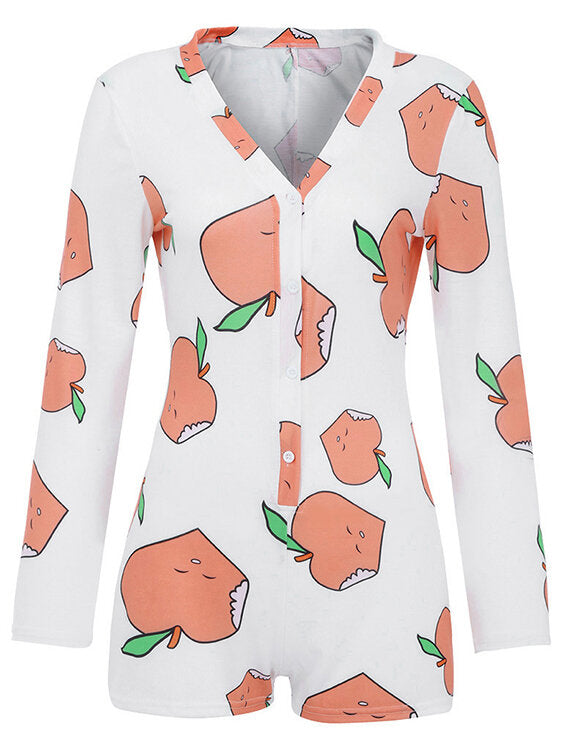 Fruit Vegetable Print Front Button V Neck Long Sleeves Casual Playsuits