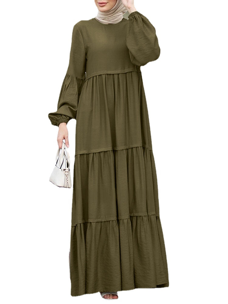 Women Layered Pleats Solid Color Puff Casual Long Sleeve Bohemian Maxi Dress