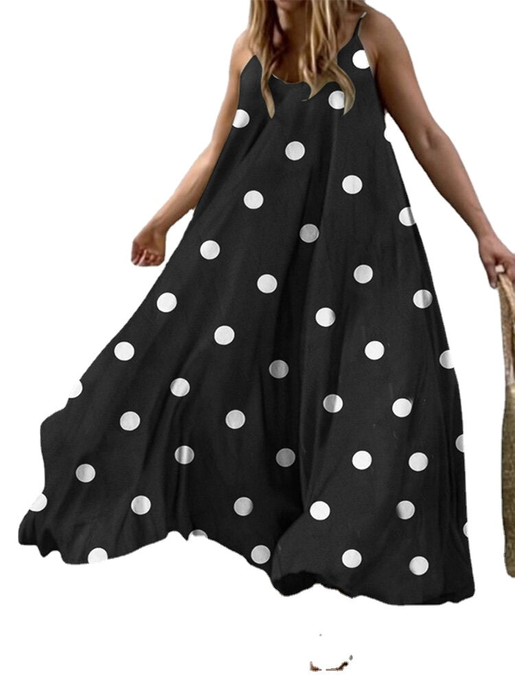 Polka Dot Adjustable Strap Sleeveless Backless Maxi Dress