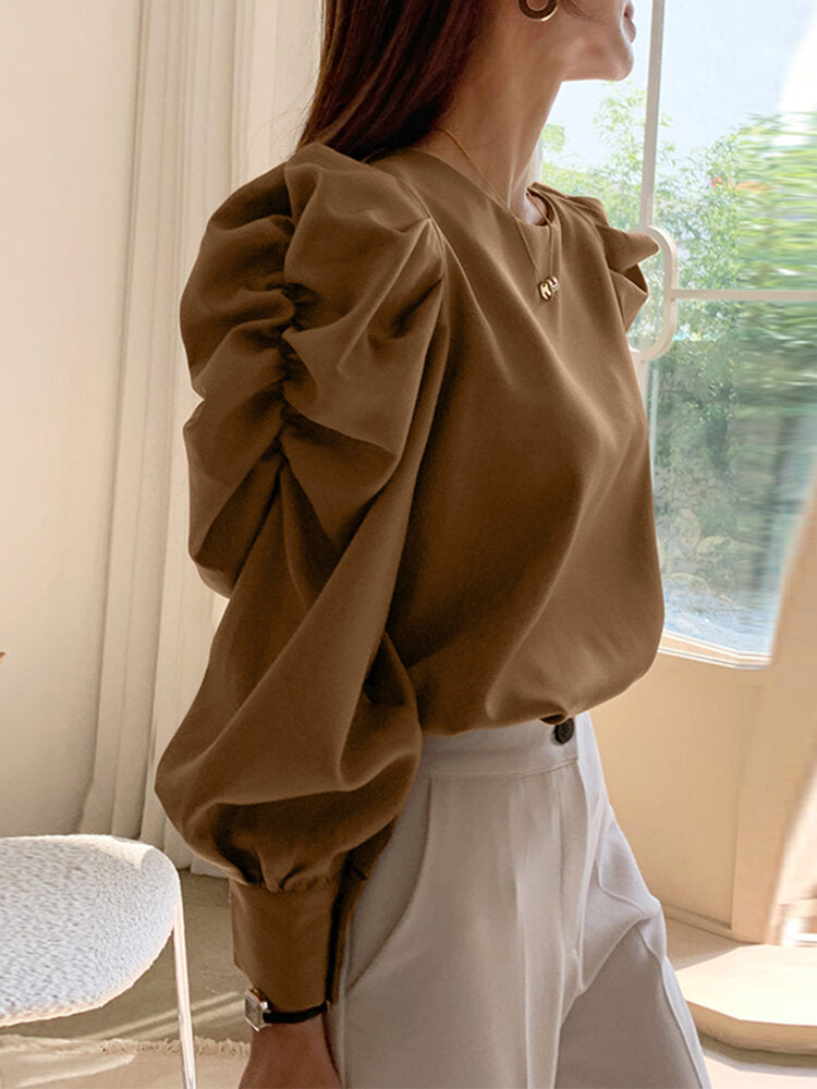 Solid Color Long Sleeve O-neck Puff Blouse For Women