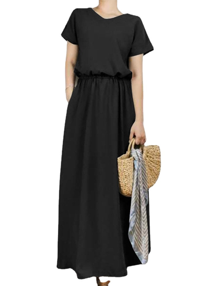 Solid Sash Elastic Waist Short Sleeve Casual Maxi Dress