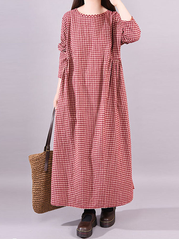 Vintage Women Cotton Plaid Casual Long Maxi Shirt Dress
