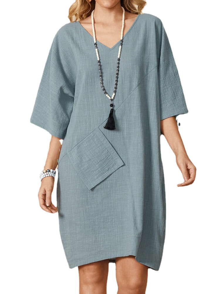 Casual Solid Color V-neck Loose Half Sleeves Pocket Midi Dress