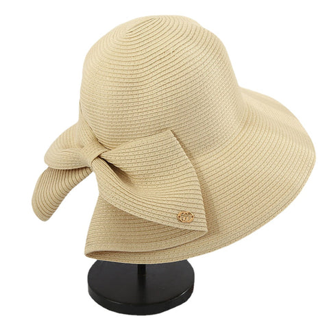 Women Foldable Rear Split Design Bow Straw Hat Adjustable Breathable Summer Casual Wild Sunshade Bucket Hat