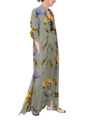 Floral Printed Lapel Collar Long Sleeve Button Split Hem Maxi Shirt Dress With Pocket