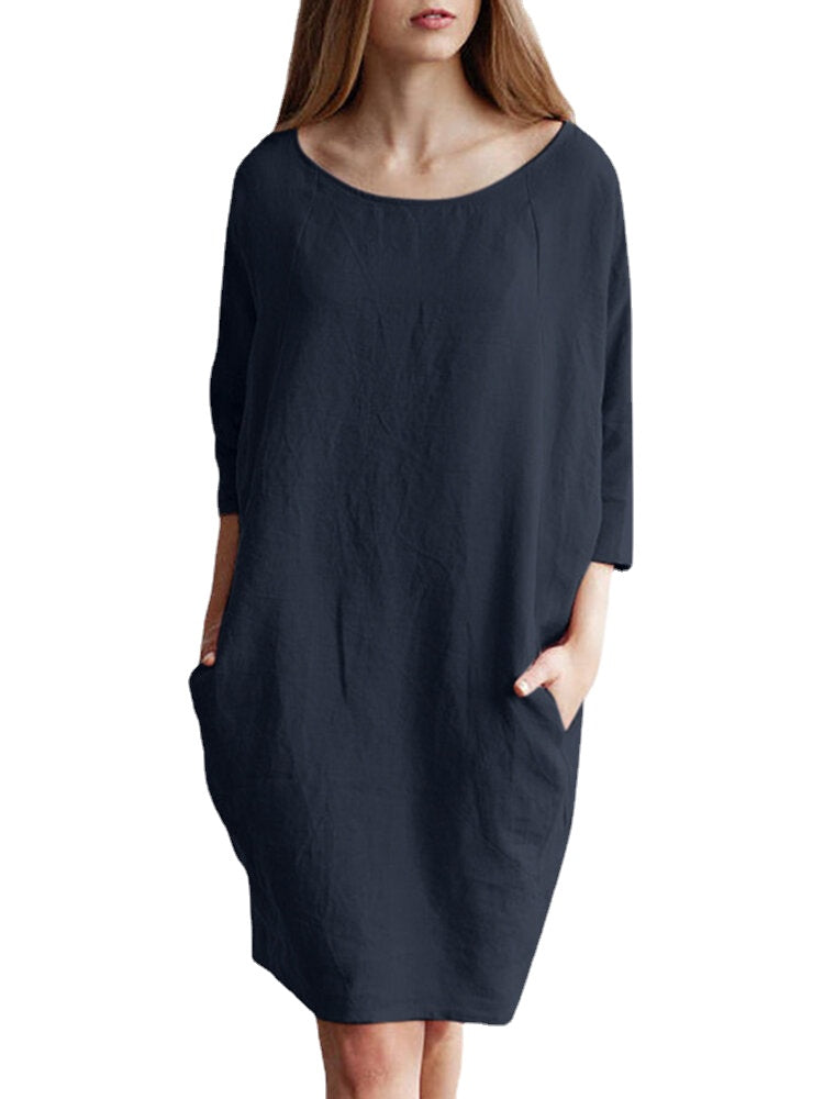 Solid Color 3/4 Sleeve O-neck Pocket Cotton Dress