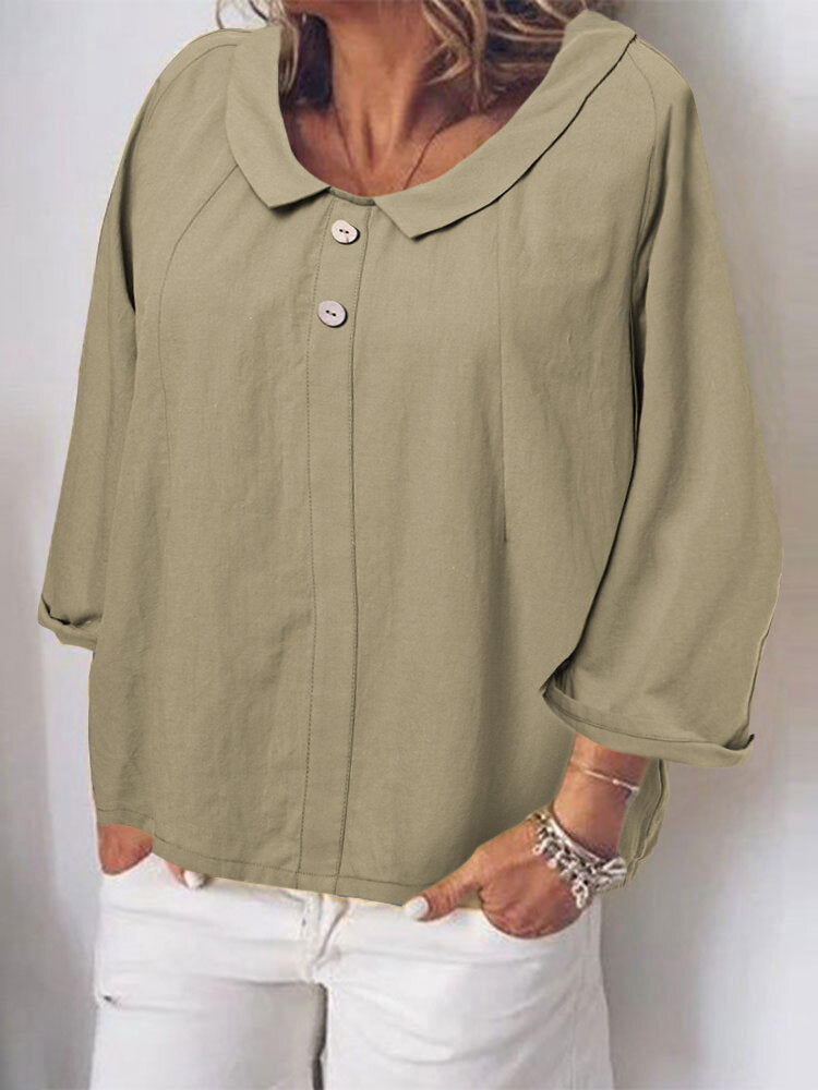 Solid Button Peter Pan Collar Long Sleeve Loose Blouse