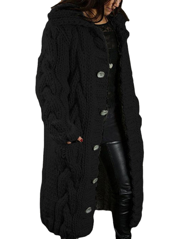 Women Solid Color Jacquard Knitted Mid-Length Hooded Cardigan With Pocket