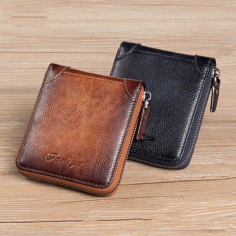 Men First Layer Cowhide RFID Anti-magnetic Zipper Wallet Short Bifold 7 Card Slot Case Driver License