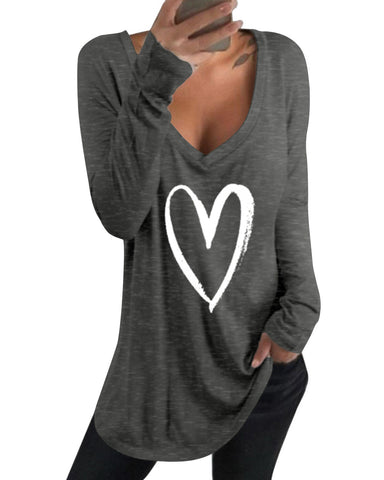 Casual Loose Love Printed V Neck Long Sleeves T-shirts For Women