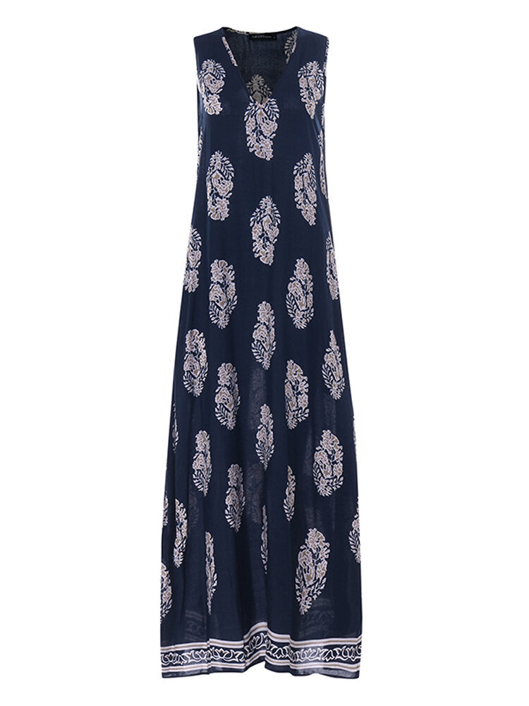 Bohemian Women V Neck Floral Print Sleeveless Maxi Dress