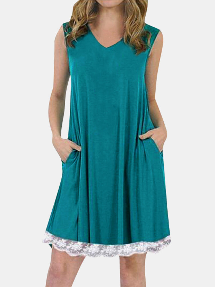 Summer Lace Patchwork Sleeveless Loungewear V-neck Daily Casual Dress