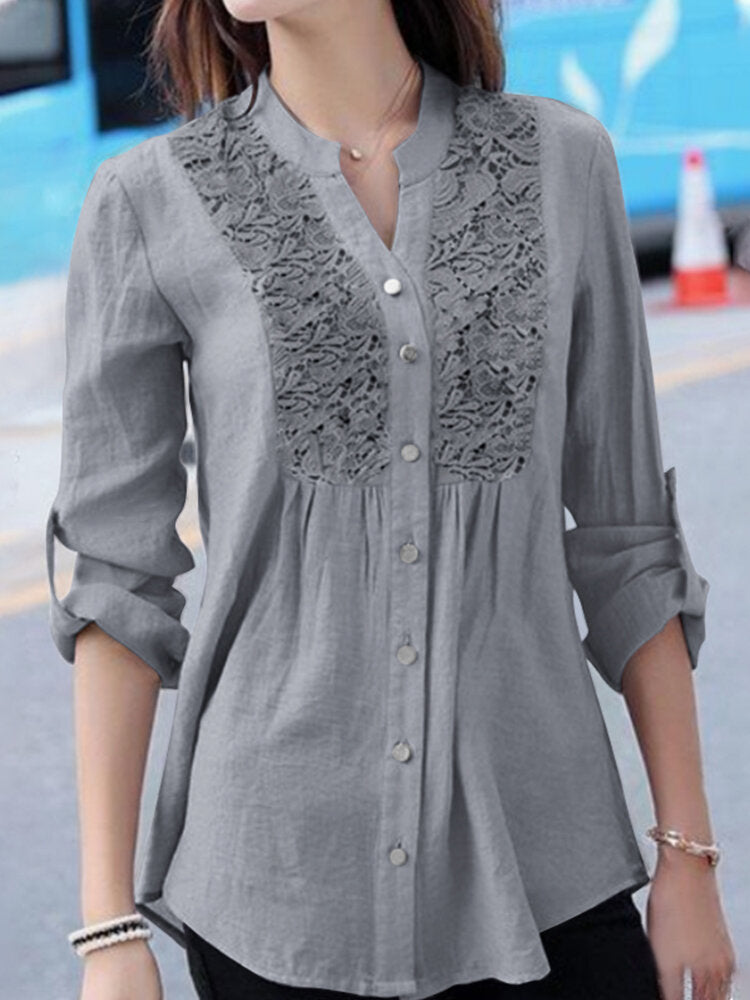 Lace Stitch Solid Button Long Sleeve Blouse For Women