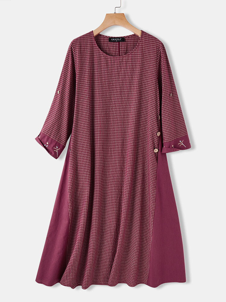 Plaid Patchwork Embroidery O-neck Long Sleeve Button Casual Midi Dress