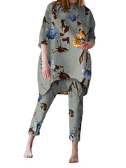 Plant Print Irregular Hem Casual Suit