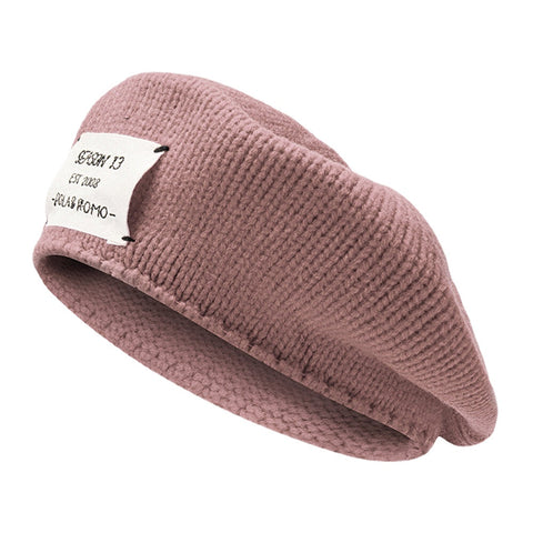 Women Acrylic Letter Patch Autumn Winter Warm Wild Beret Cap Casual Elastic Adjustable Knitted Hat