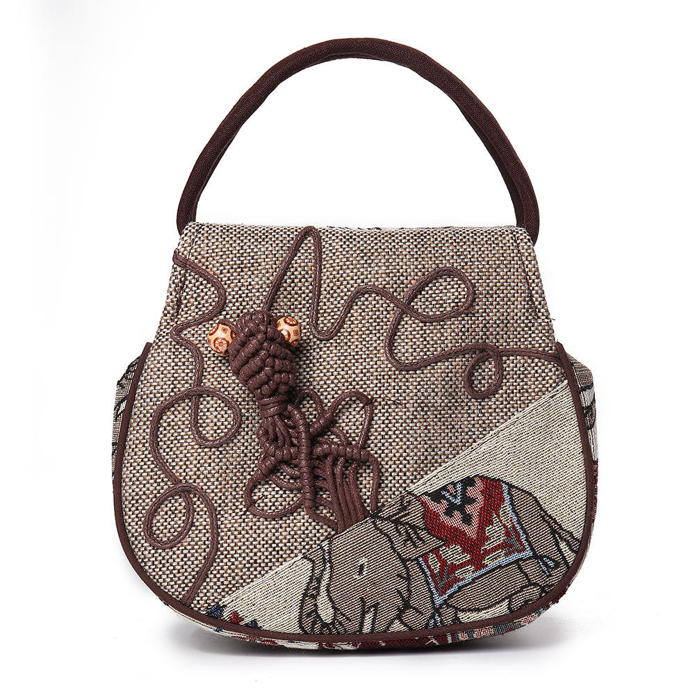 Women Ethnic linen Elephant Pattern Hand-woven Double Zipper Handbag