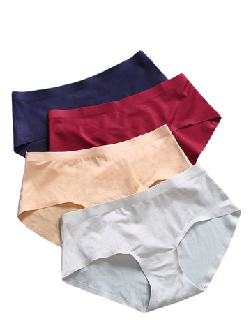 1Pcs Women Ice Silk Seamless Pure Color Cotton Cozy Breathable Mid Waist Panties - Multi