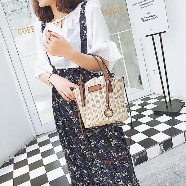 Straw Beach Bag Bucket Bag Handbag Shoulder Bag For Women