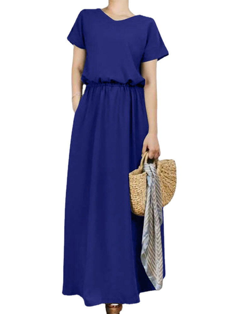 Solid Sash Elastic Waist Short Sleeve Casual Maxi Dress