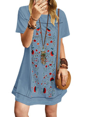 Floral Print Short Sleeve O-neck Casual Dress