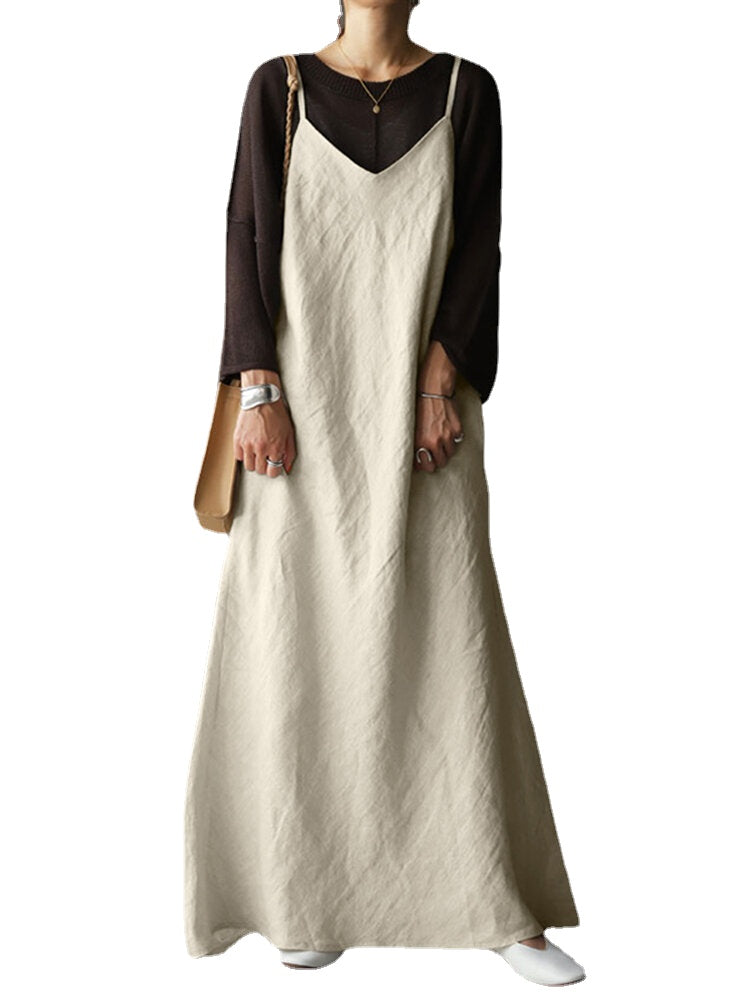 Women Cotton Sleeveless V-Neck Adjustment Straps Maxi Dress