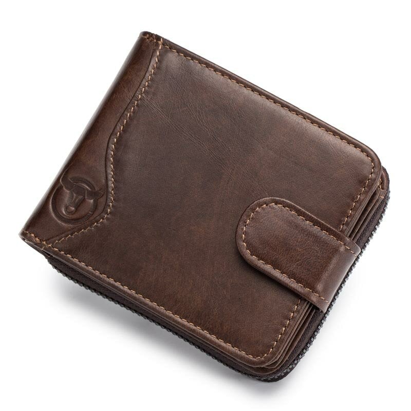 Cowhide Short Wallet Zipper Coin Bag with 16 Card Slots