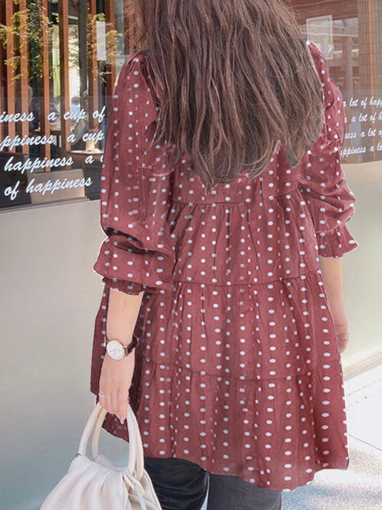 Women Puff Sleeve Daily O-Neck Spliced Dots Casual Loose Blouse