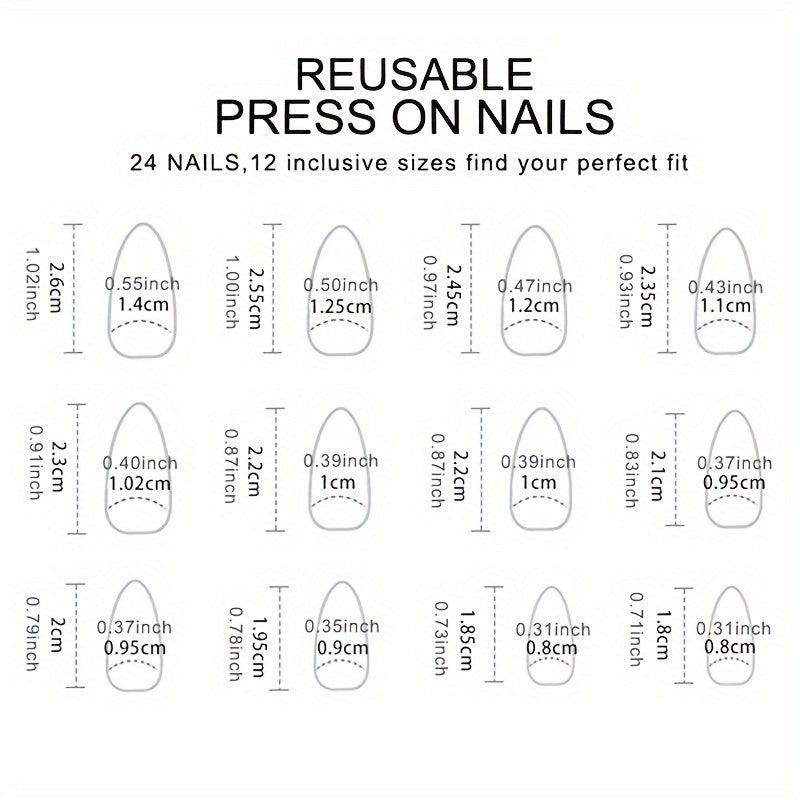 24pcs Medium Almond Press On Nails, Full Cover Fake Nails with Nail File & Jelly Glue